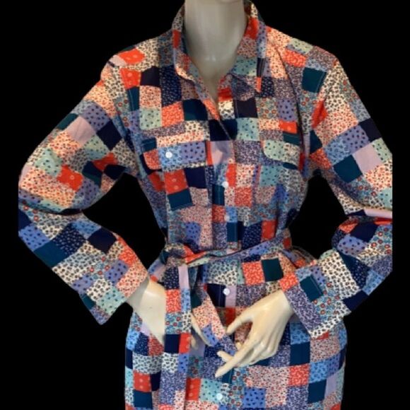 Land’s End Plus Size Dress patchwork long sleeve button down belted pockets LP - Picture 4 of 14